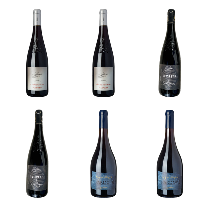 De flessen in Anjou rood in drie glazen van Domaine Leblanc - les Closserons