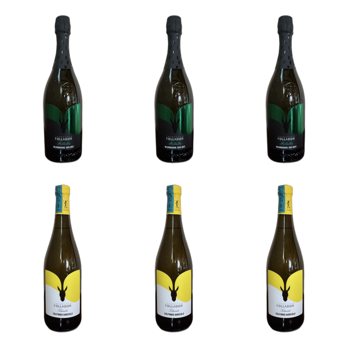 De flessen in Brut naast Testardo van Follador Francesco