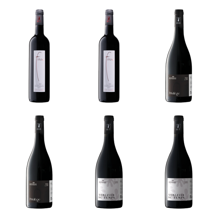 De flessen in Drie rode Fitou van Domaine de la Rochelierre