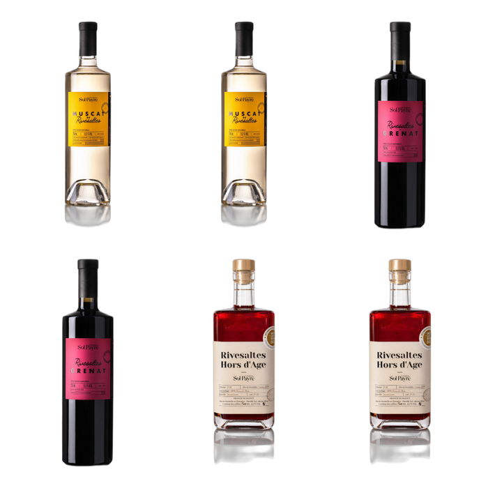 De flessen in Drie zoete Rivesaltes-wijnen van Domaine Sol Payré